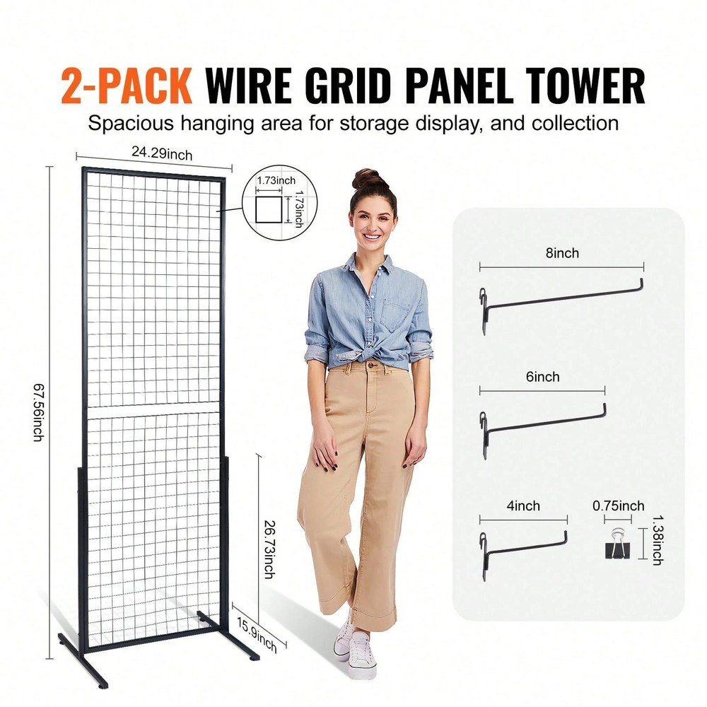 2 Pack Grid Wall Panel Tower 5.6ft Wire Gridwall Display Rack T-Base Hooks Clips