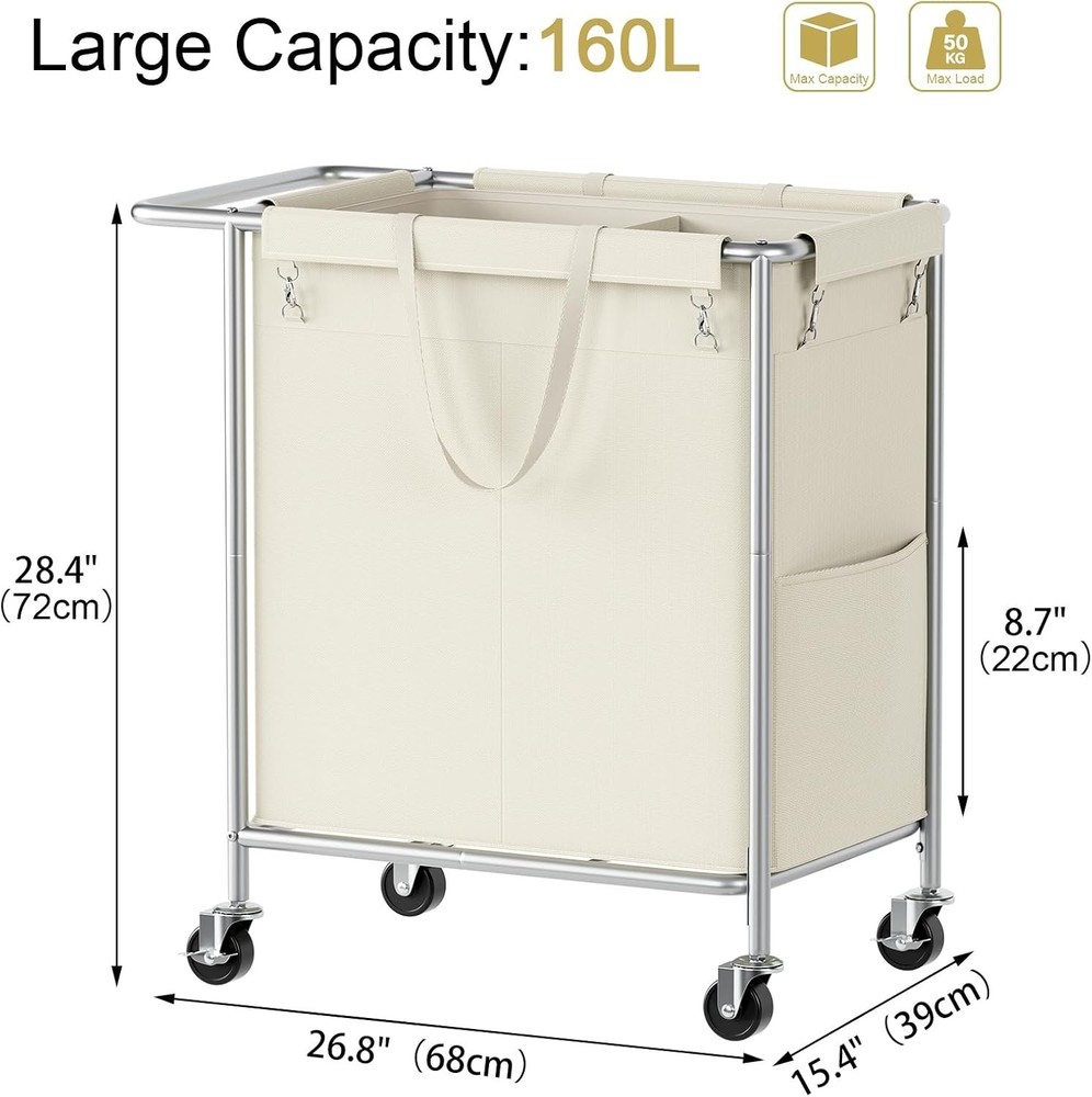 Double Laundry Hamper W/ Wheels,200L Rolling Laundry Basket 2 Section