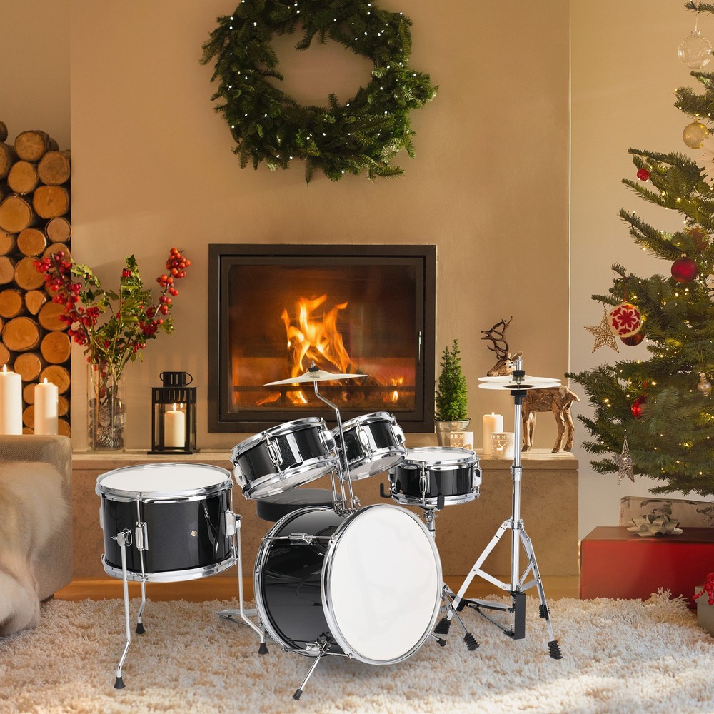 5-Piece Junior Drum Set, Beginner Percussion Kit with Stool and Stands Black