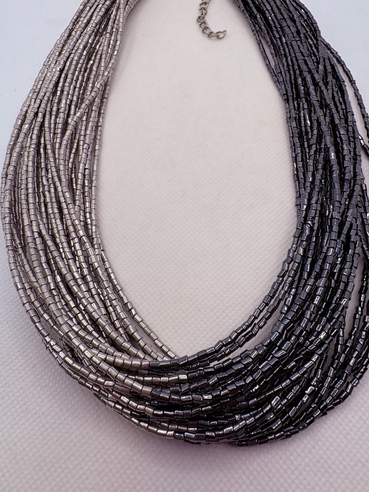 Vintage Silver Gray Dramatic Multi Strand Fully Beaded Necklace Wired 17-19”