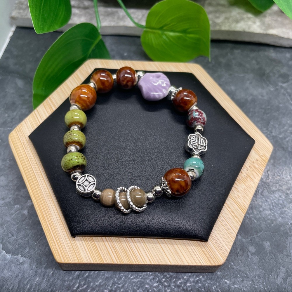 Handmade Ceramic Bead Beaded Stackable 6” Plus Stretch Bracelet New B426