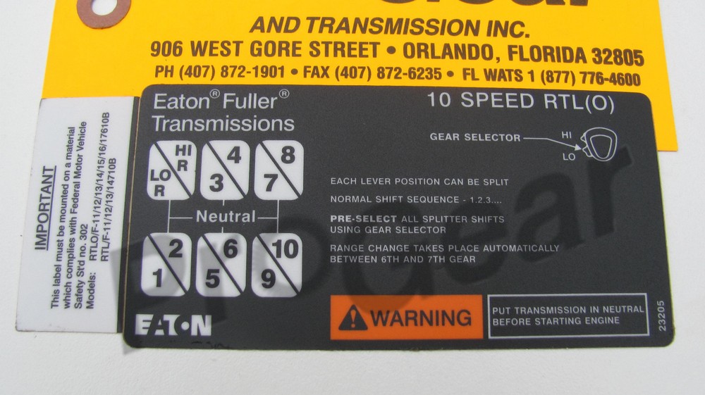 Eaton Fuller SUPER 10 Transmission Shift Pattern label 23205