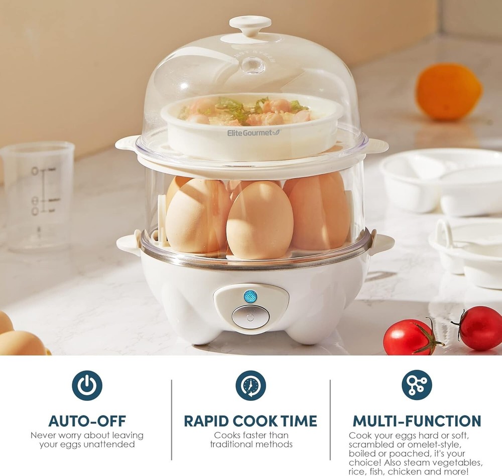 2-Tier Rapid Egg Cooker, 14-Egg Capacity with Buzzer & Auto Shut-Off, White