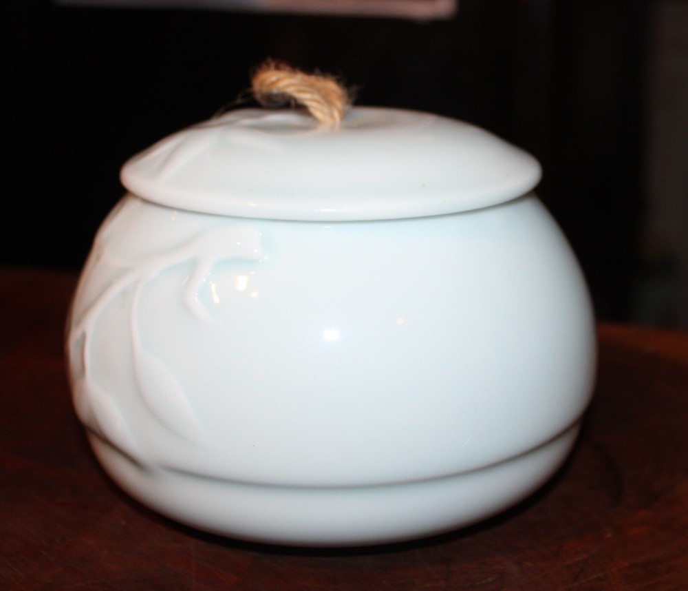 Ceramic Light Blue Pet Urn with Embossed Vines