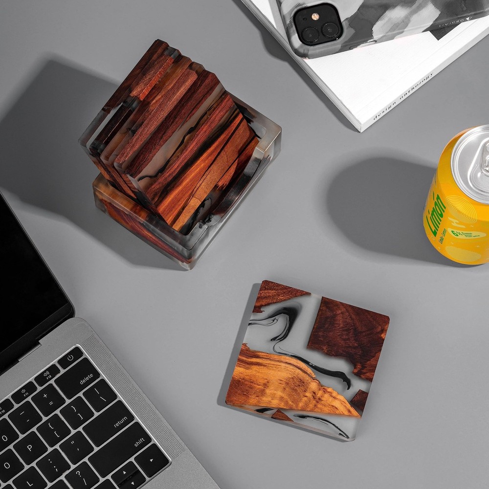 Walnut Coasters Set, Modern Coasters with Holder Square