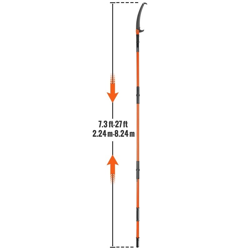 Manual Pole Saw 27 ft Telescoping Tree Pruner Double Bolt Stability Sharp Blade