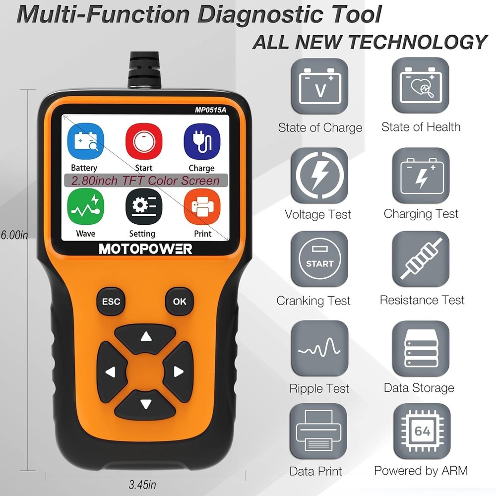 12V Automotive Battery Tester - 100-2000 CCA with LCD Screen & Language Support