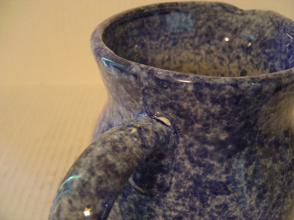 VINTAGE BLUE SPONGEWARE STONEWARE PITCHER 6" HIGH