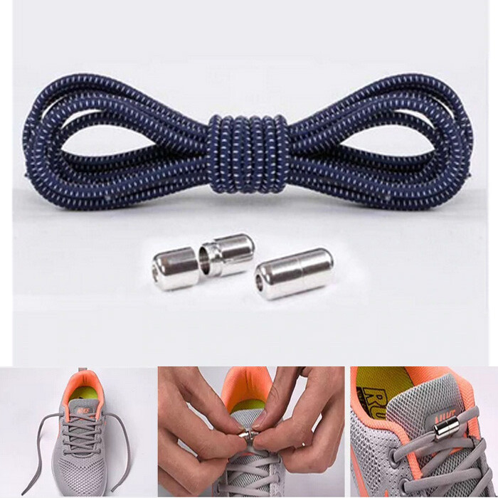 1Pair Shoelaces Elastic Screw Locking Shoe String No Tie Navy BLUE Dot WHITE