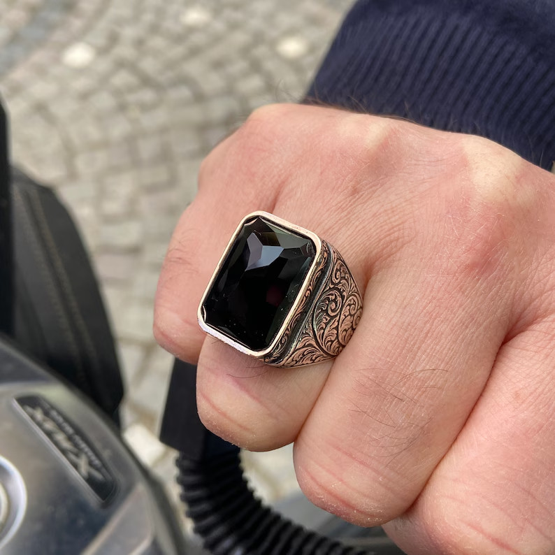 Men Onyx Black Stone Ring Solid 925 Sterling Silver Ottoman Handmade Gift