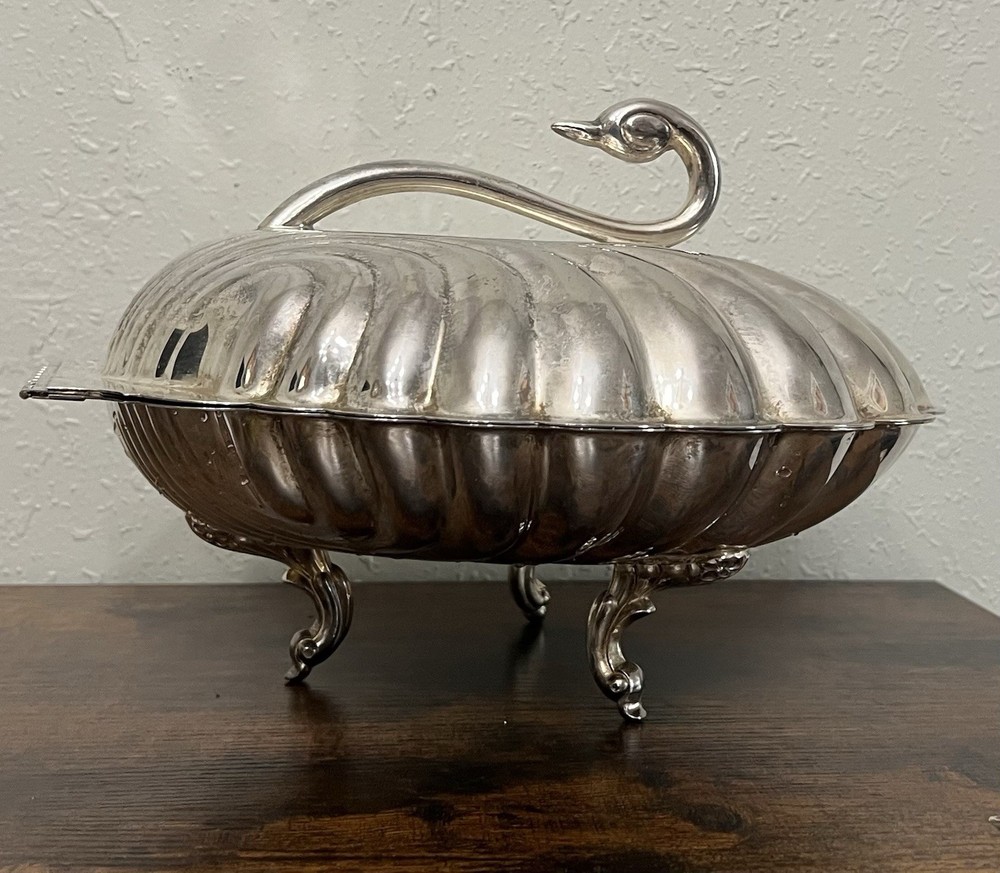 Leonard Silverplate Clam Shell Swan Handle Silver Plated Double Server Warmer