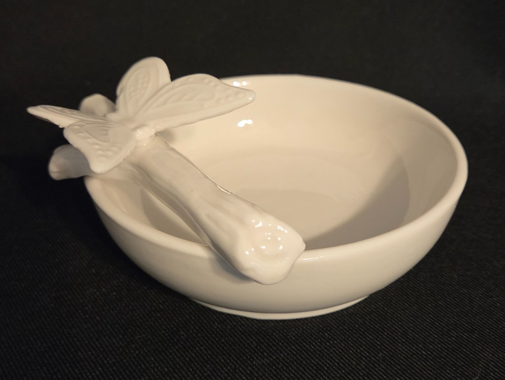 White Ceramic Nut / Candy Dish with Branch and Butterfly