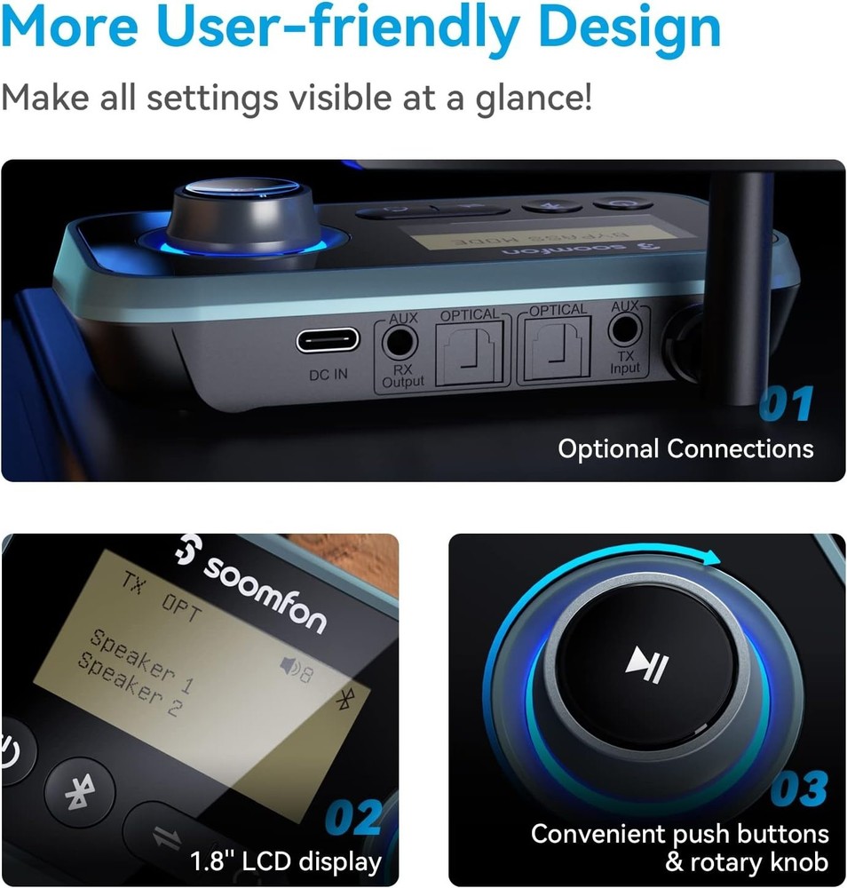 SOOMFON Bluetooth Transmitter for TV 3-in-1 Bluetooth 5.0 Transmitter Receiver