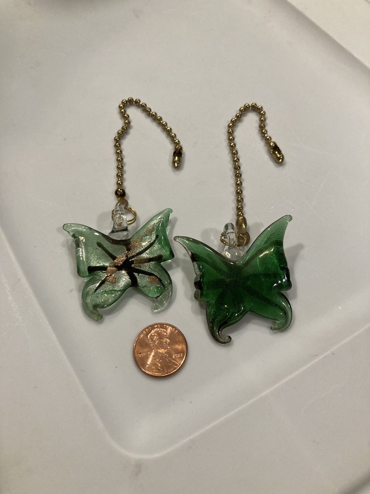 BUTTERFLY GREEN SILVER FOIL MURANO ART GLASS CEILING FAN SWITCH PULL LG PAIR