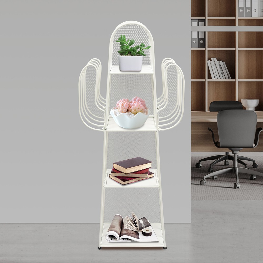 4-Tier Iron Book Shelf Cactus Bookcase W/ Mesh Baffle+6 Compartments For Study