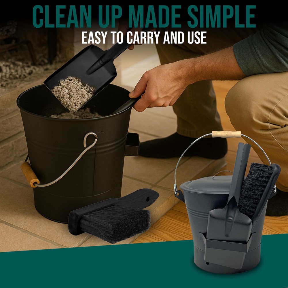Black Ash Bucket with Lid, Complete Fireplace Tools Set, Includes Pail, Shove...