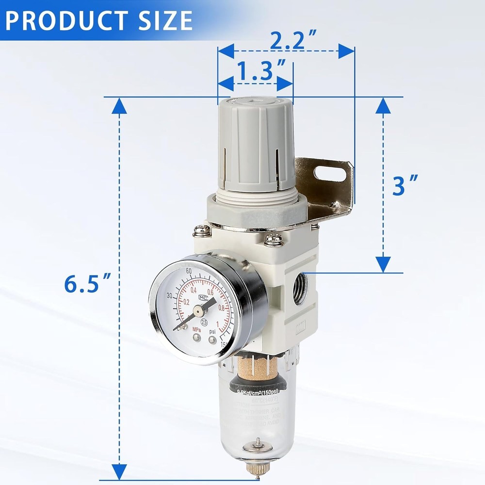 WeiTeng 1/4" NPT Compressed Air Filter Regulator Combo, 5 Micron Brass Filter