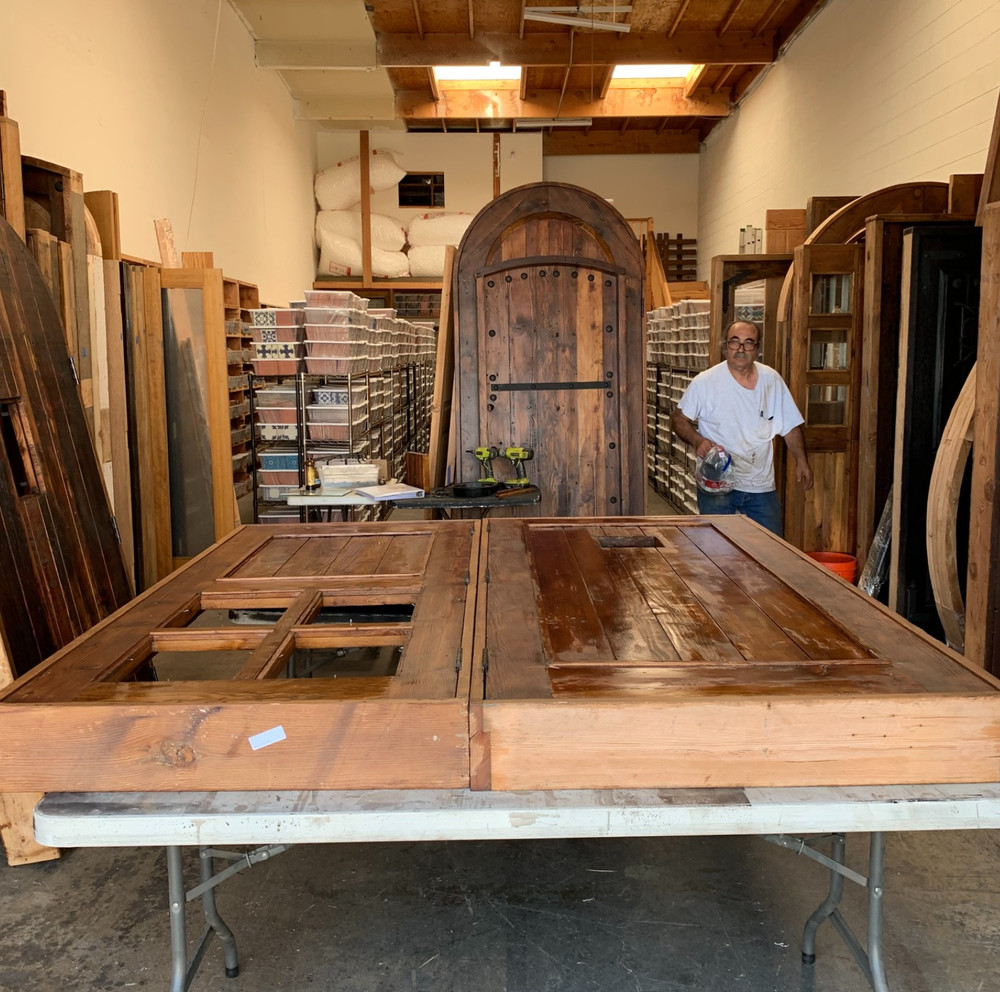 Solid reclaimed lumber arched top DOUBLE door grids glass castle winery panel