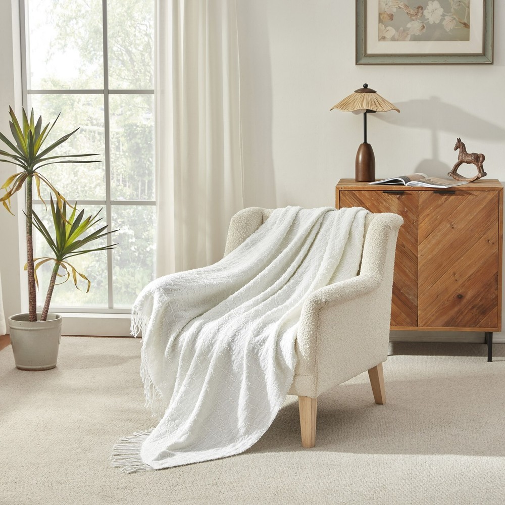NARNIAR Solid White Jacquard Textured Decorative Throw with Fringes 50x60"