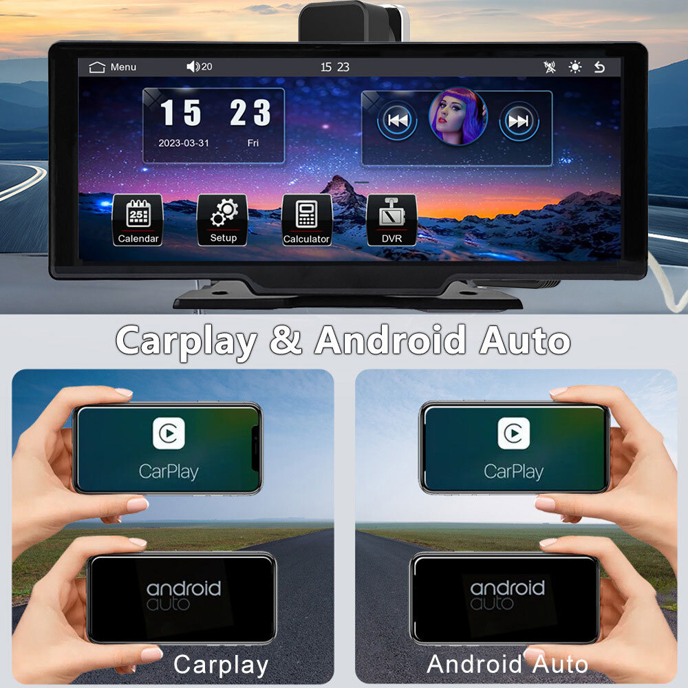 10.26" Widescreen DVR Android Auto HD Portable Apple Carplay Navigation+Dash Cam