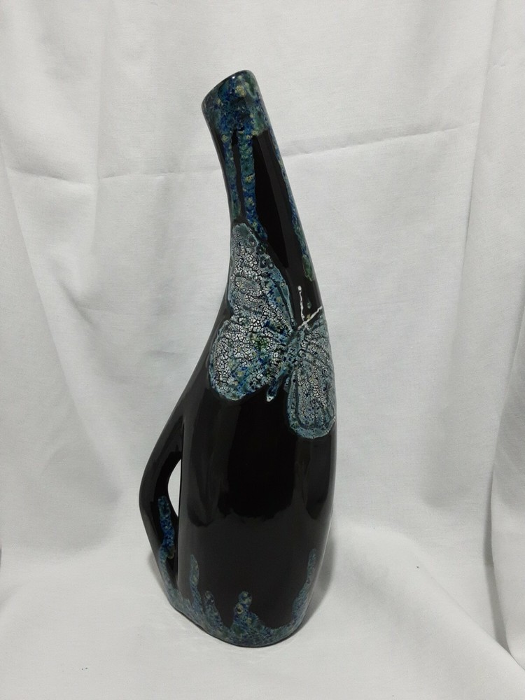 Signed Drip Pottery Pitcher With Butterflies