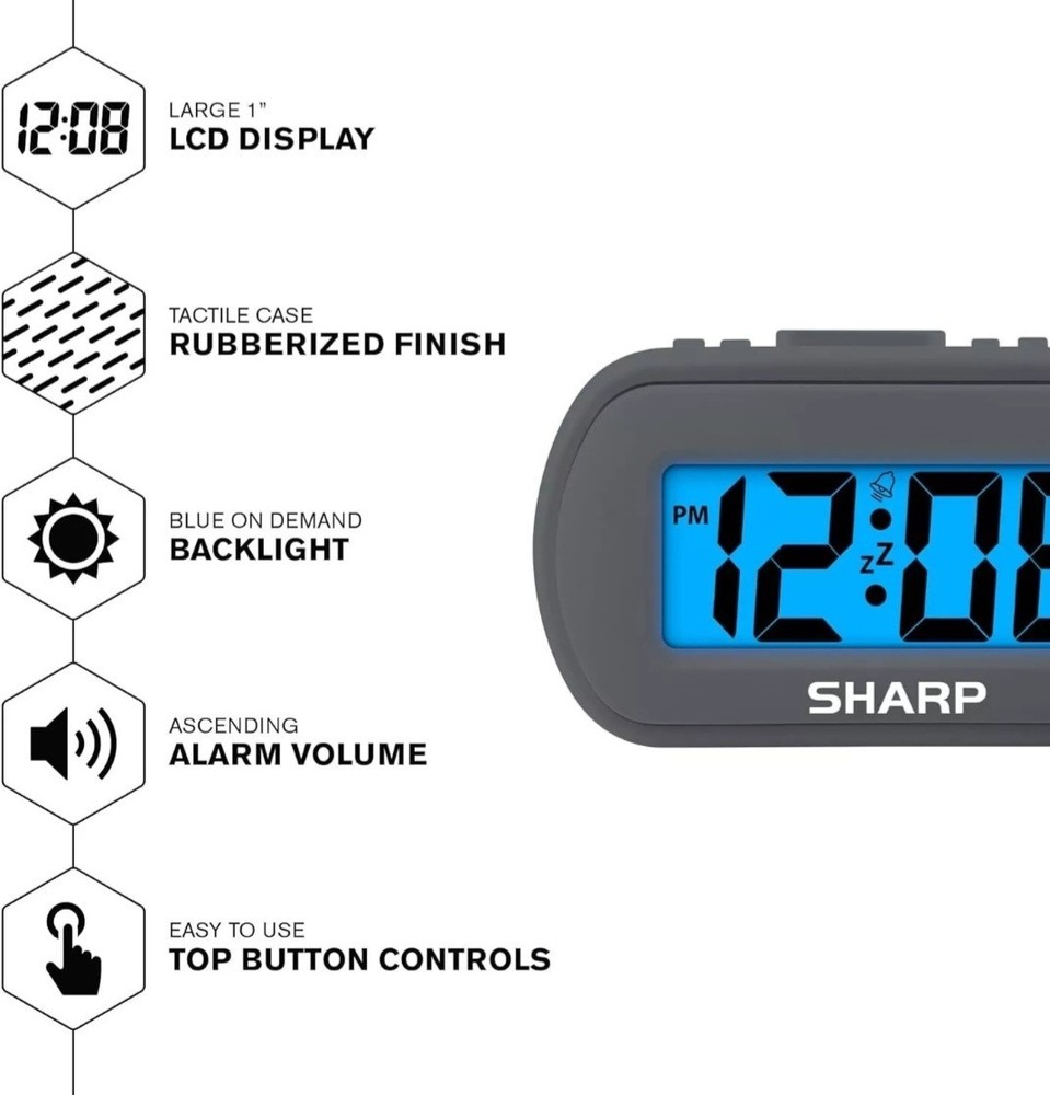 Sharp Digital Alarm Clock With Blue LED Backlight Rubberized Case Battery Power