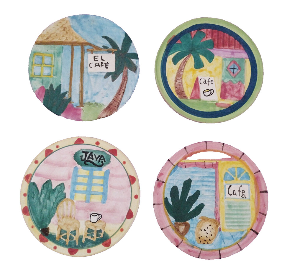 Cafe Java Beach Ceramic Coasters Set of 4 Hand Painted Palm Tree Bistro Colorful