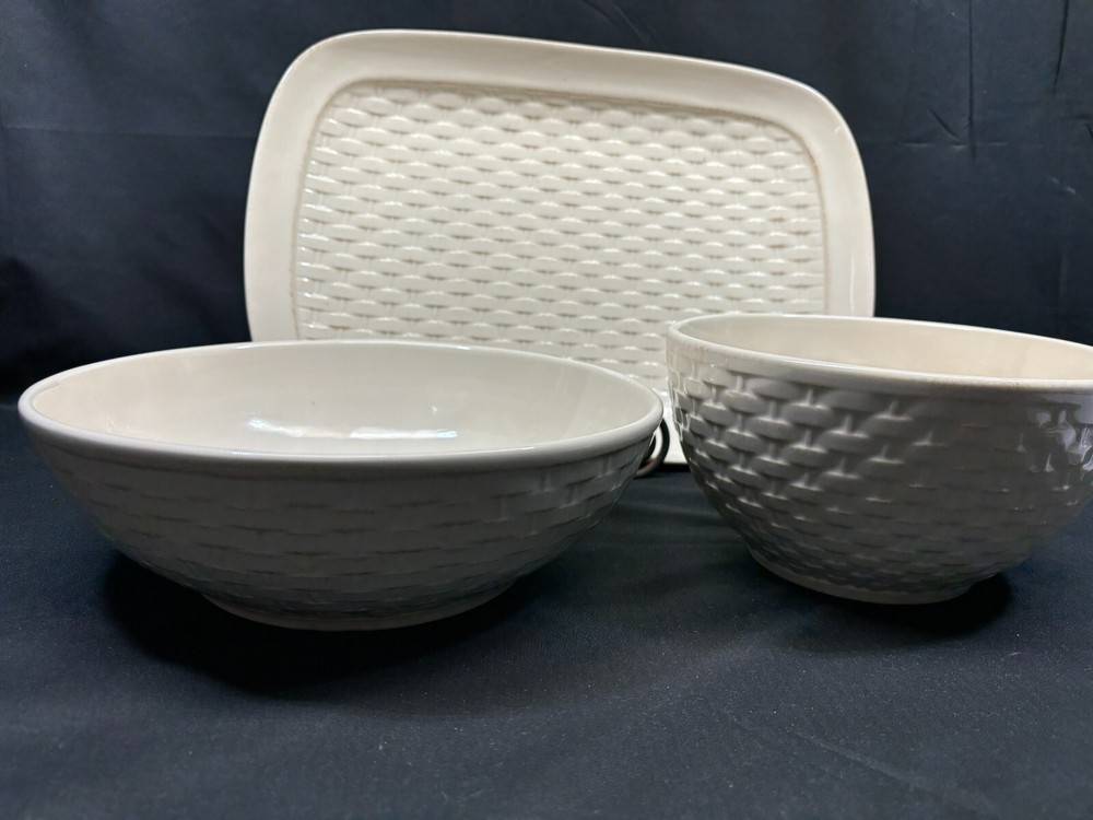 Pfaltzgraff "HAMPTONS" Basketweave ~ 3 Piece Serving Set: Bowls, Platter
