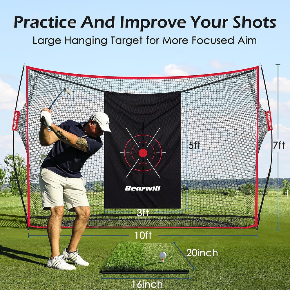 Bearwill Golf Net, 10x7ft Heavy Duty Golf Practice Nets with Mat, Target Cloth,