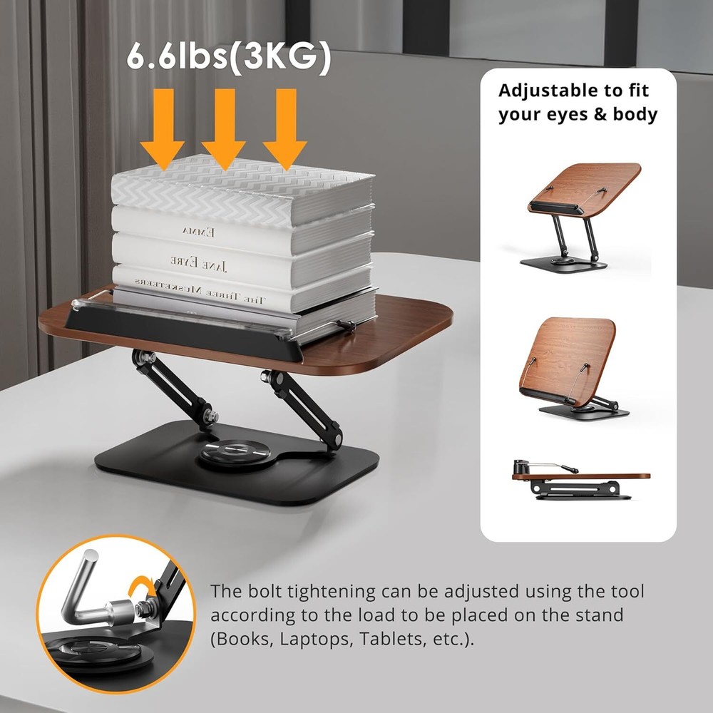 Adjustable Book Stand with 360° Rotating Base Foldable Holder for Books Tablets