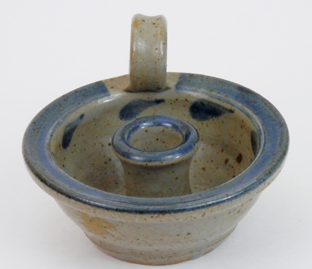 Handmade Pottery Finger Loop Candleholder Blue & Gray Speckled Pattern Marked
