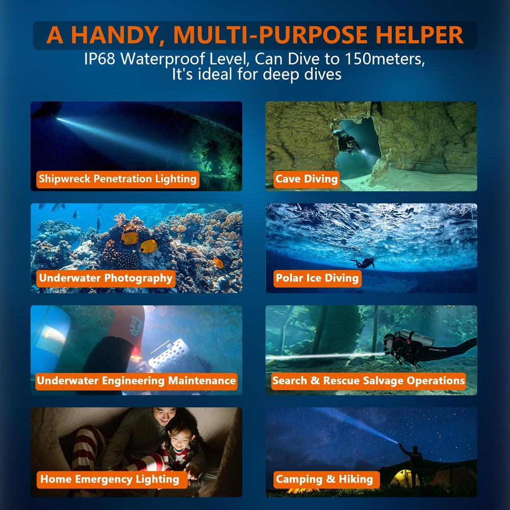 Zoomable Dive Light with Adjustable Beam, 920M Range, IP68 Waterproof Torch