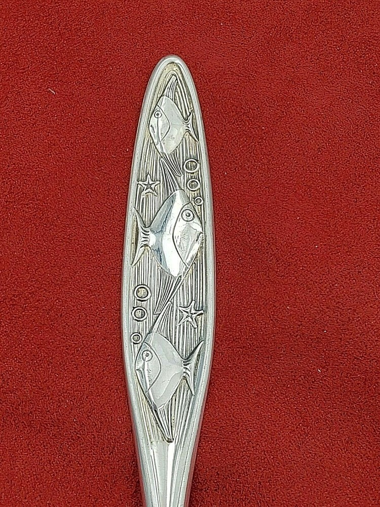 800 Silver Teaspoon with Stylized Fish Design Mid Century Modernism #10923
