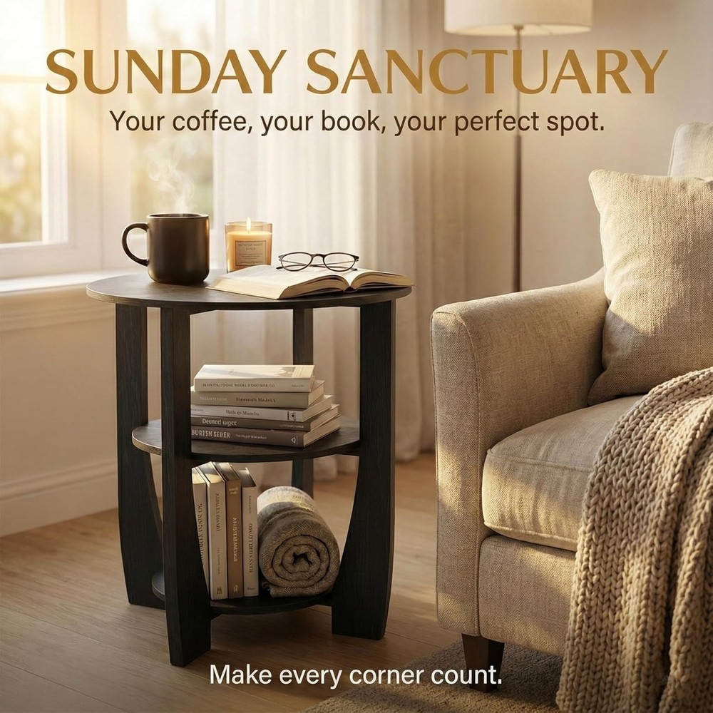 19.7" Black Round 3-Tier Side Table End Table Nightstand Storage Sofa #R08