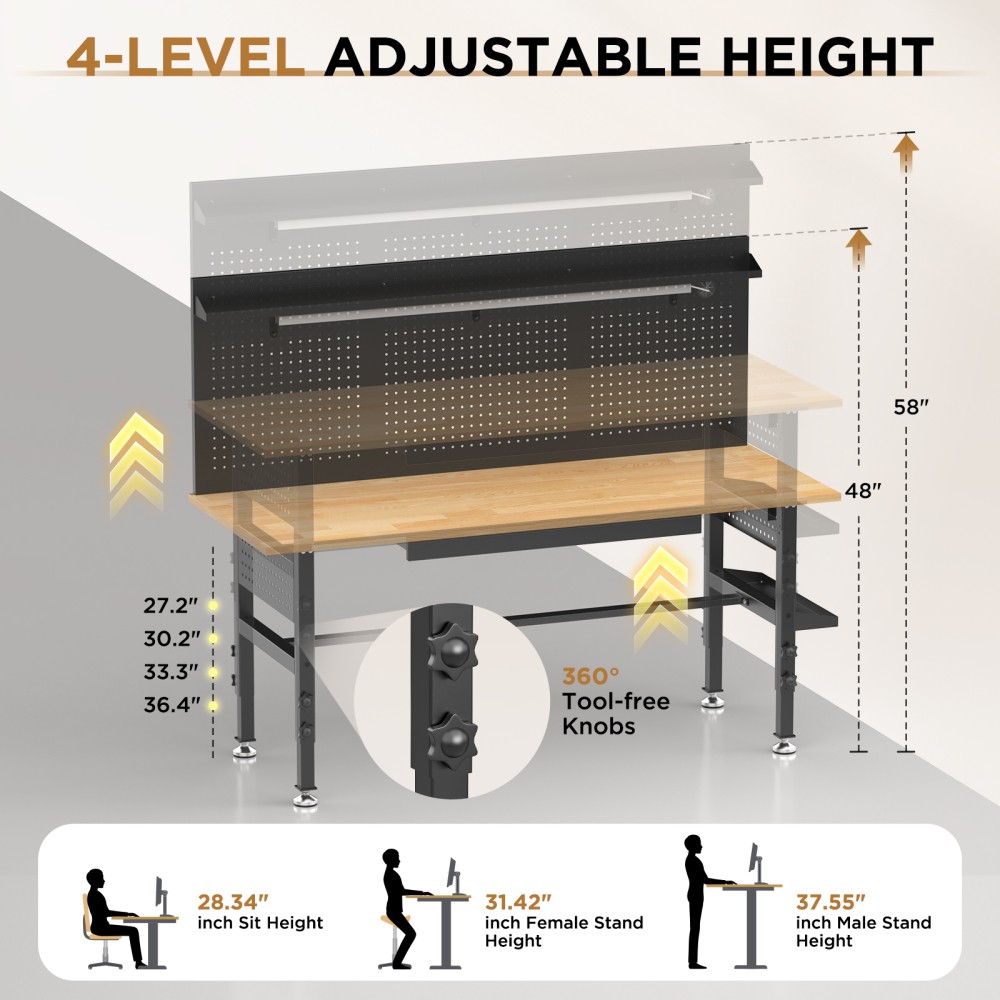 Adjustable Height Work Table-60"Solid Wood-Drawers-Wheels/Feet - Power/Light