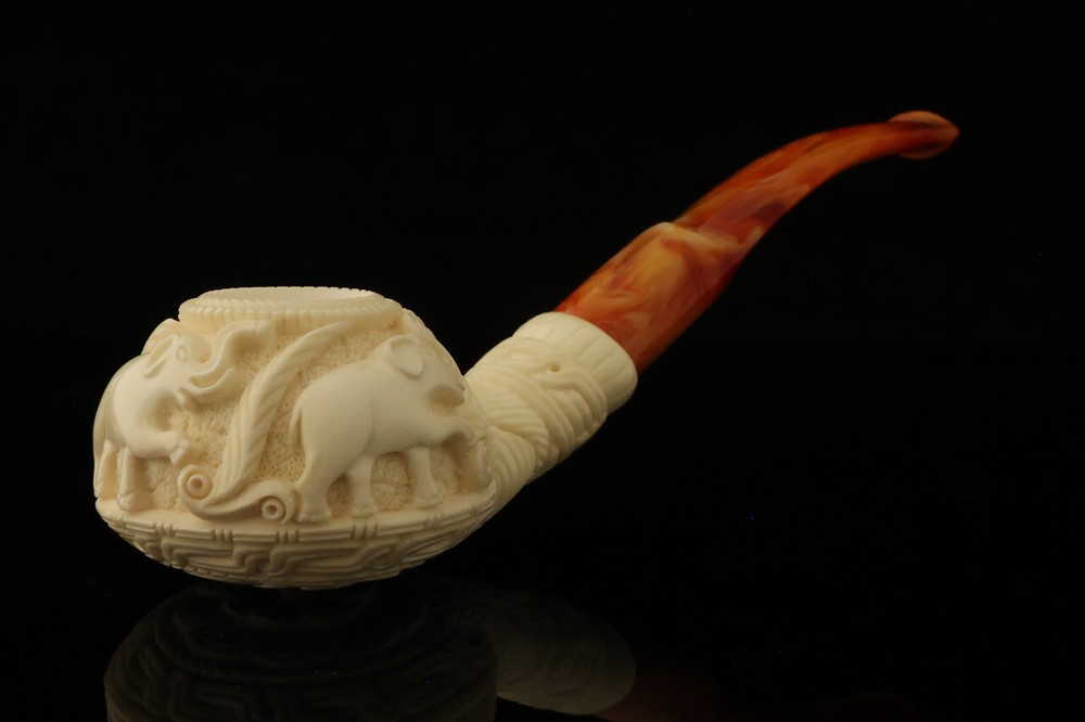 srv - Tri Elephants Block Meerschaum Pipe with custom case 15218