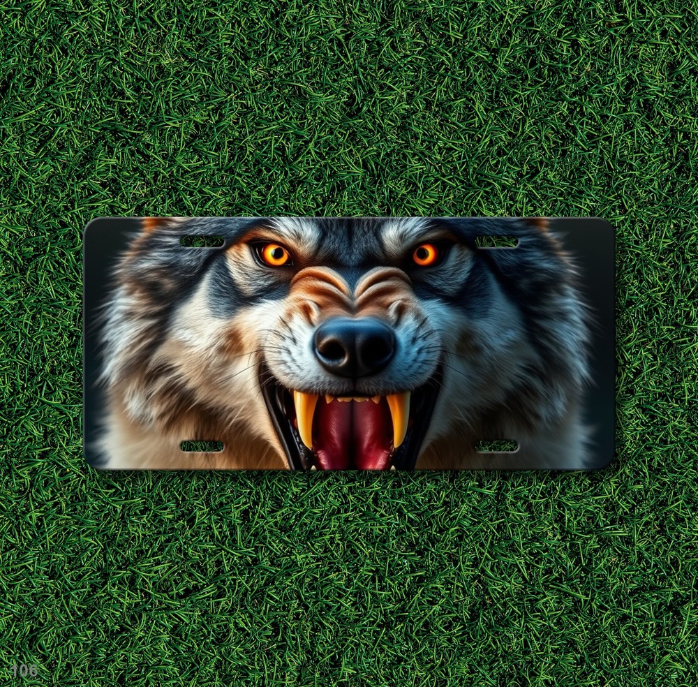 Intense Wolf License Plate with Sharp Teeth Personalized Front Plate Birthday Gi