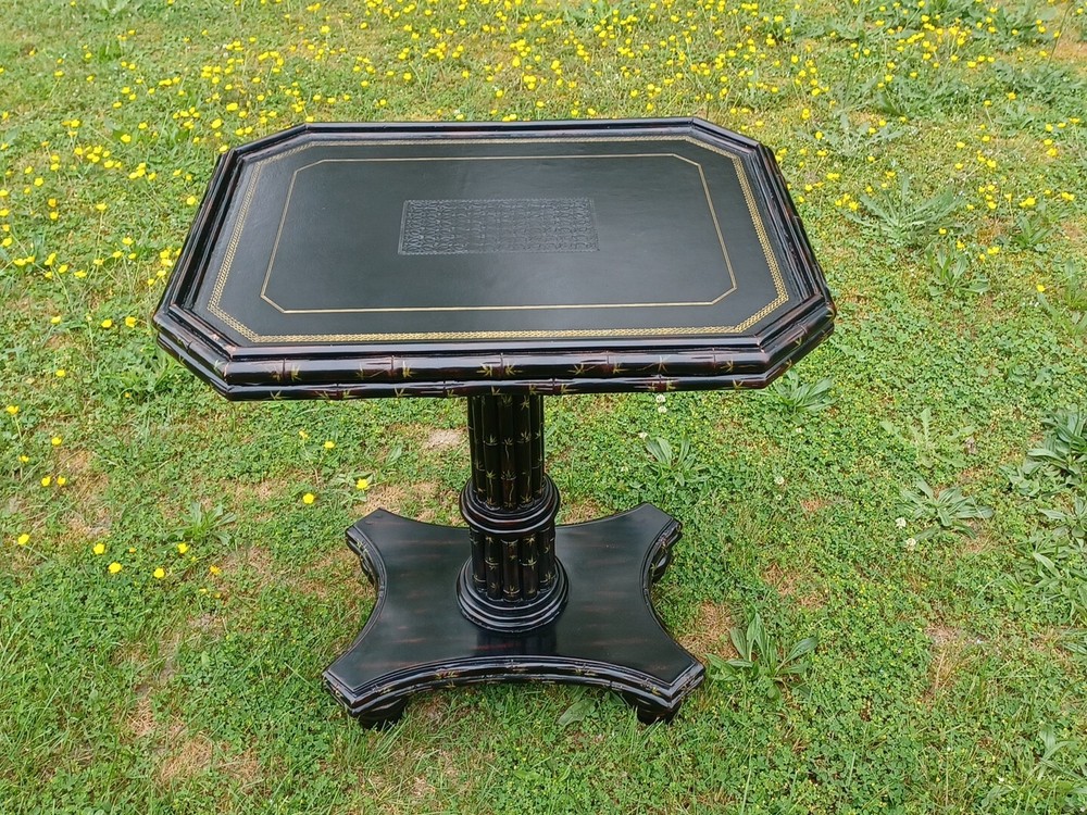 Maitland Smith Side Table Ebonized Faux Bamboo Leather Top Hand Painted Table