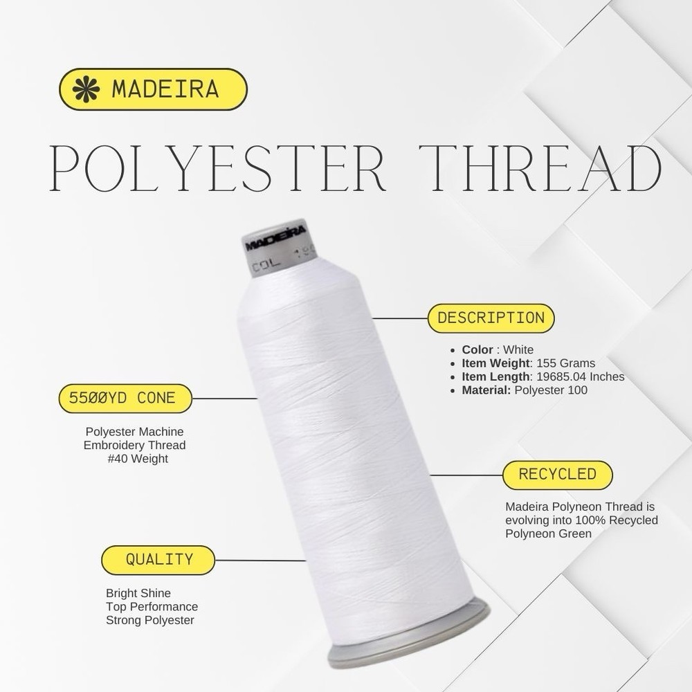 Madeira Polyneon Embroidery Thread - 2 Pack White 1801 - 5500Yd