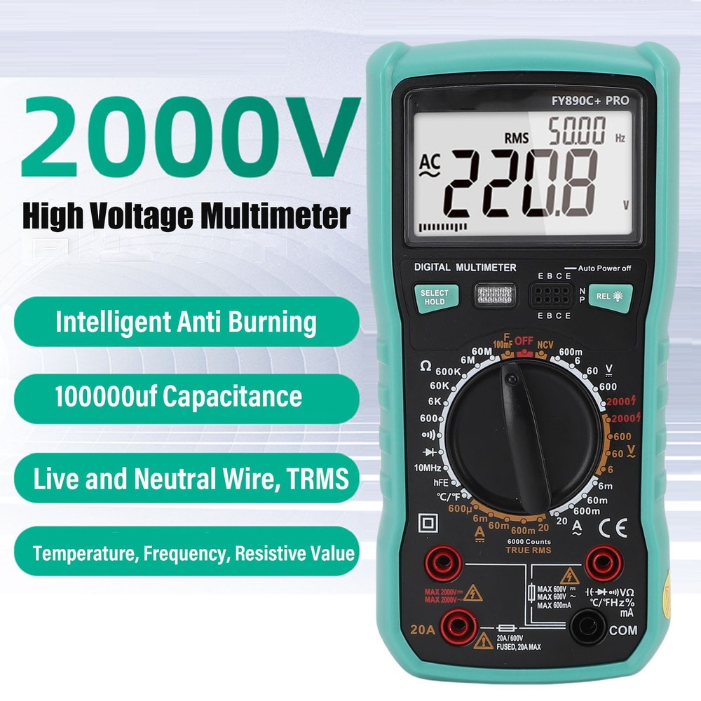 Digital Multimeter 6000 Counts Tester 2000V Voltage Current Capacitance Testing