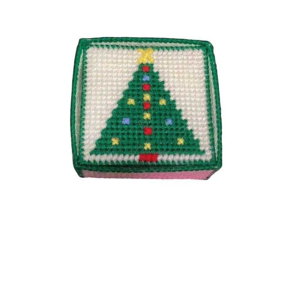 Handmade Plastic Canvas Christmas Tree Tissue Box Cover Coasters Set