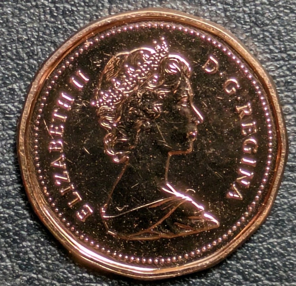 1987 1c Canada Cent Bu + DIE CRACK ERROR 2 Small Break Uncirculated +