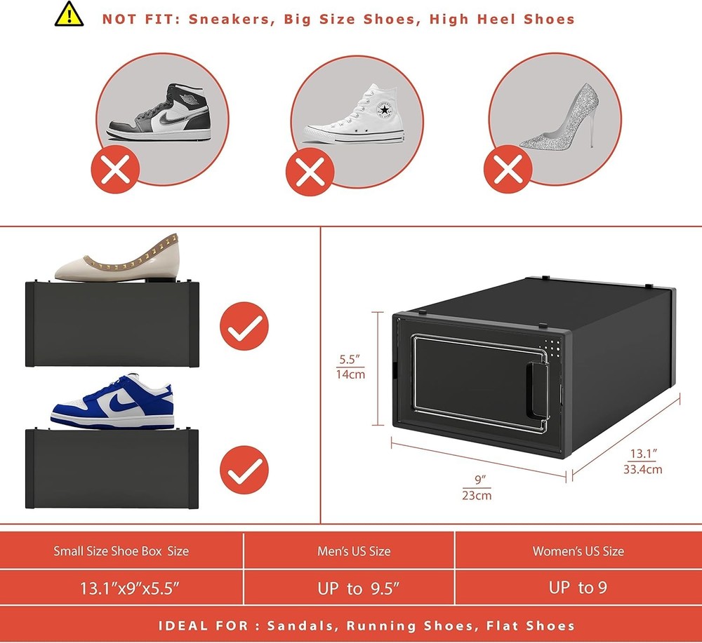 12 Pack Shoe Storage Box Fit Size 11,Clear Plastic Stackable Shoe Case Black