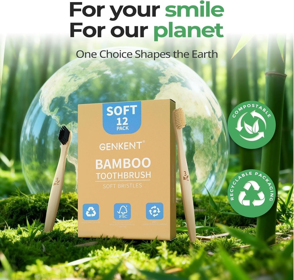 Bamboo Toothbrushes 12 Pack Biodegradable Soft Medium Charcoal Bristles