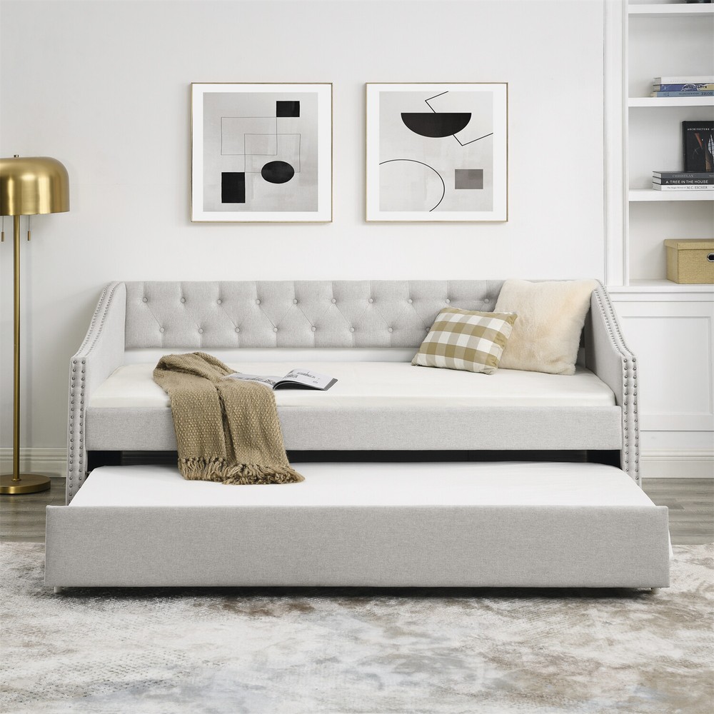 Twin/Full Size Daybed w/ Pull Out Trundle Bed Upholstered Bed Frame Sofa Bed