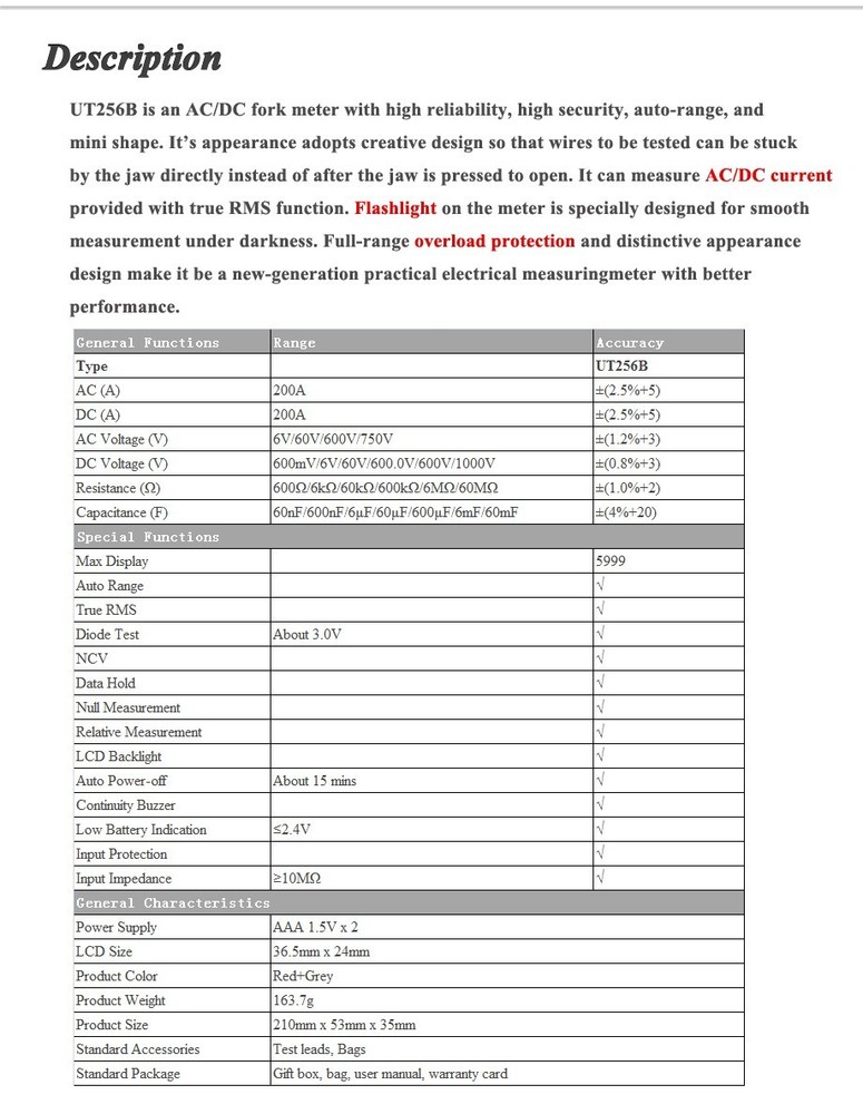 UT256B Fork Clamp Meter 200A DC Current Voltmeter Capacitance NCV