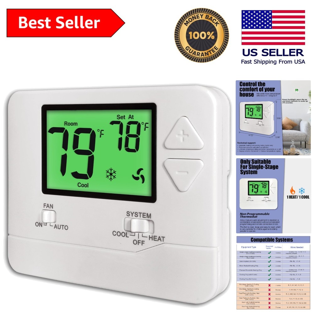 Non-Programmable Thermostat for Single-Stage HVAC Systems with Green Backlight