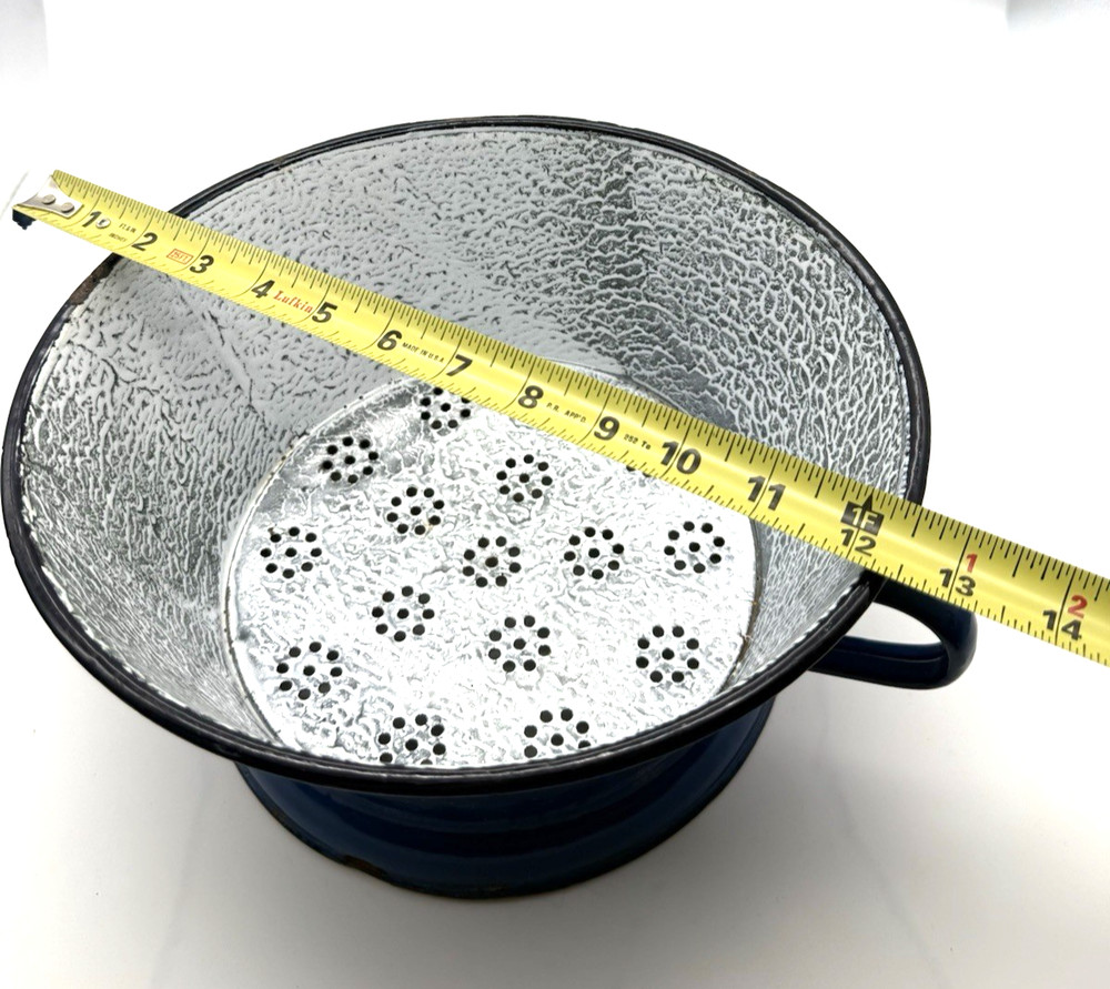 Vintage Blue Enamelware Handled Strainer