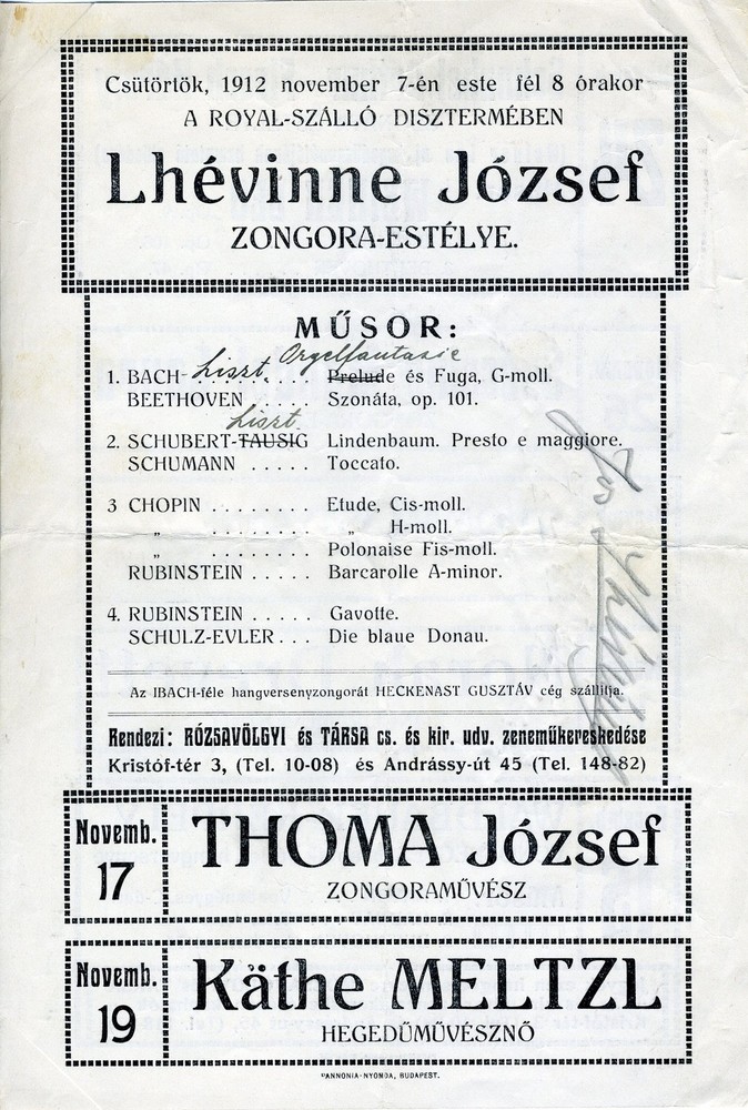 LHÉVINNE, Josef.: Early Hungarian Signed Program