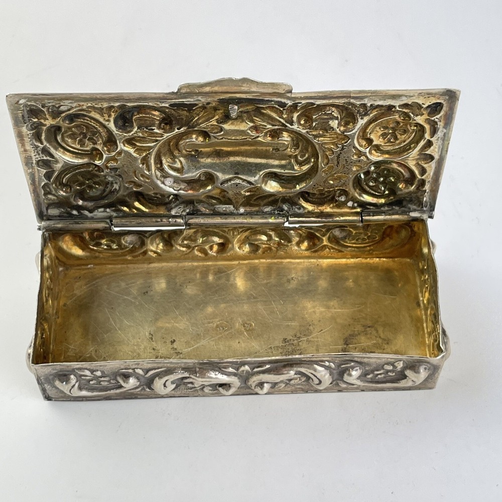 Antique Spanish Solid Silver Embossed Rococo Style Trinket Box C1900 8.7cm